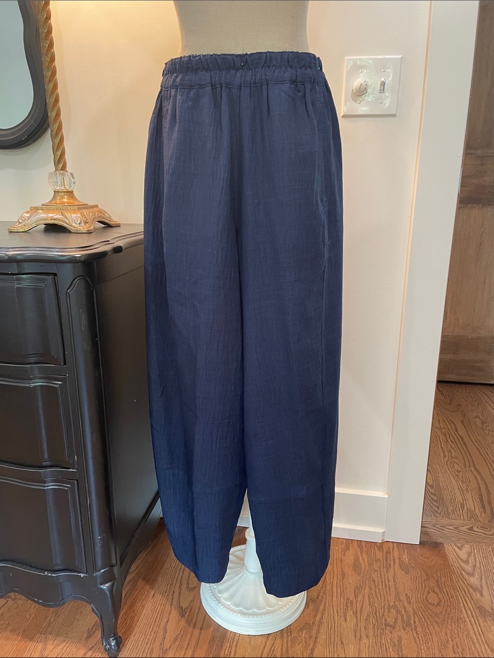 Max Studio Navy Elastic-Waist Wide-Leg Chinos